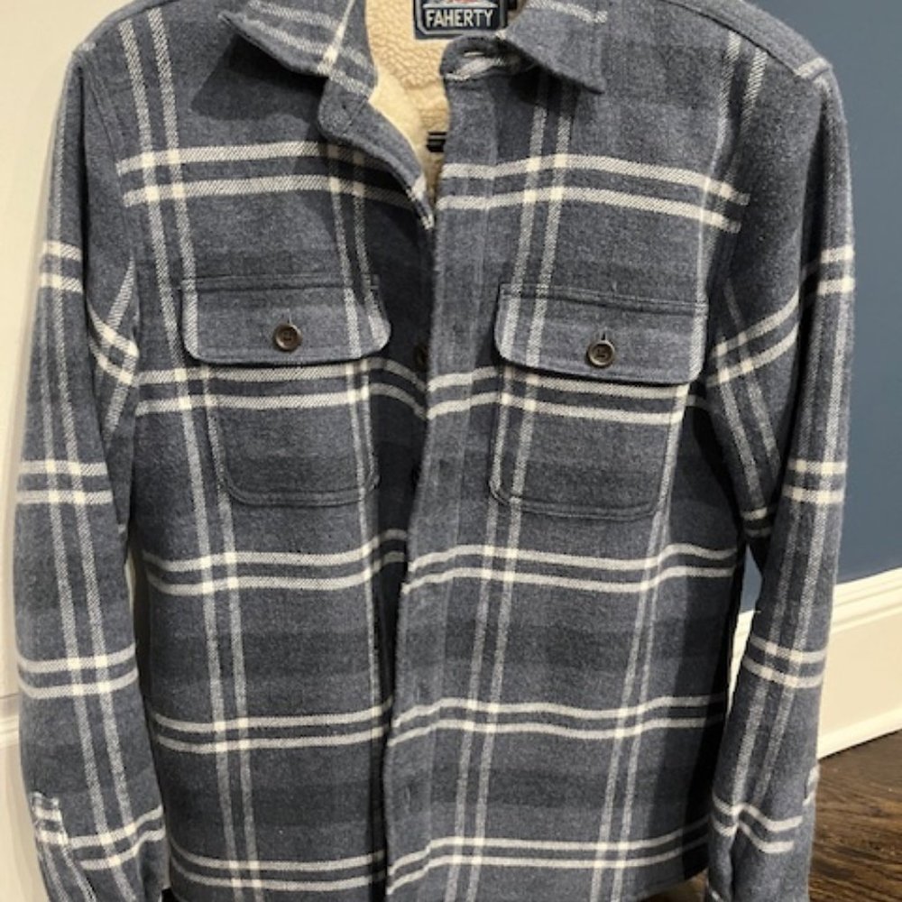Faherty Blue and White Plaid Sherpa Lined Shirt Jacket